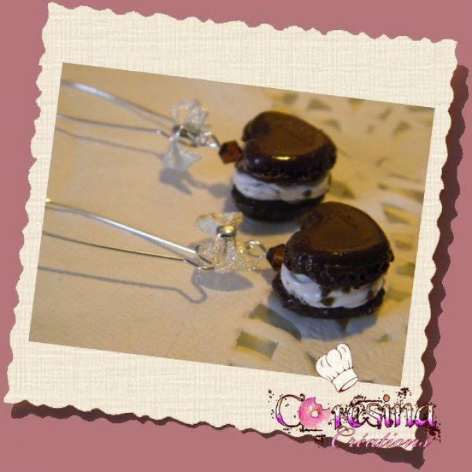 bijoux gourmands:Boucles d'oreilles  Macaron coeur chocolat stracciatella
