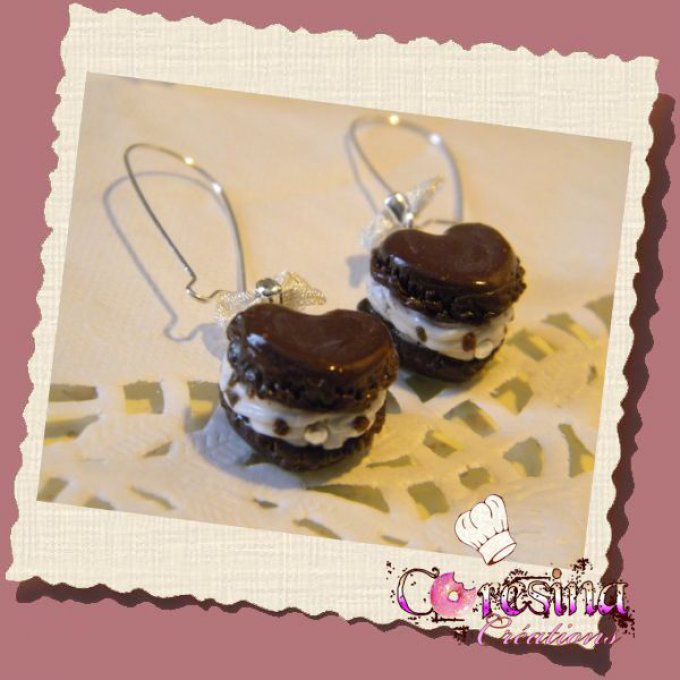 bijoux gourmands:Boucles d'oreilles  Macaron coeur chocolat stracciatella